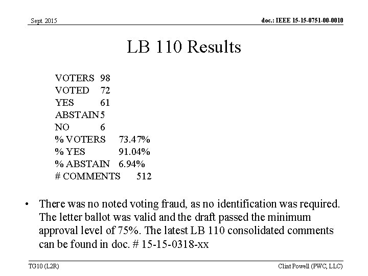 doc. : IEEE 15 -15 -0751 -00 -0010 Sept. 2015 LB 110 Results VOTERS doc. : IEEE 15 -15 -0751 -00 -0010 Sept. 2015 LB 110 Results VOTERS
