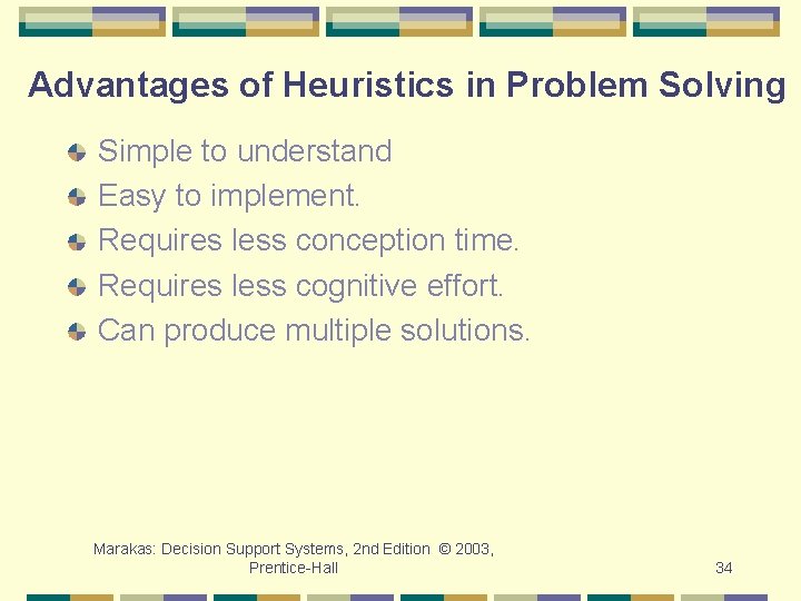 Advantages of Heuristics in Problem Solving Simple to understand Easy to implement. Requires less