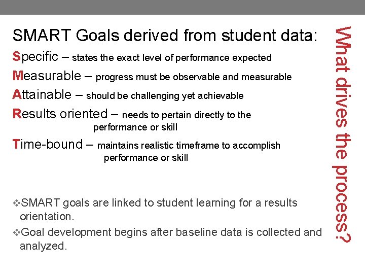 Specific – states the exact level of performance expected Measurable – progress must be