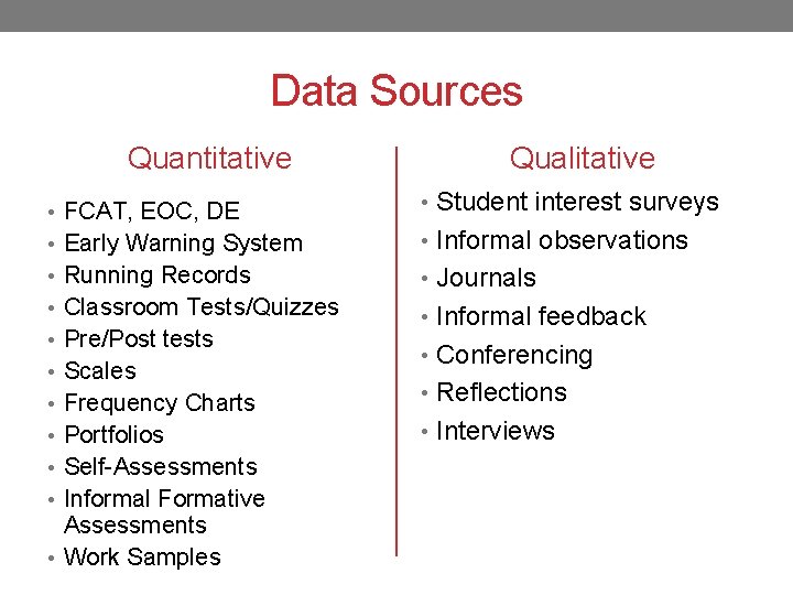 Data Sources Quantitative Qualitative • FCAT, EOC, DE • Student interest surveys • Early