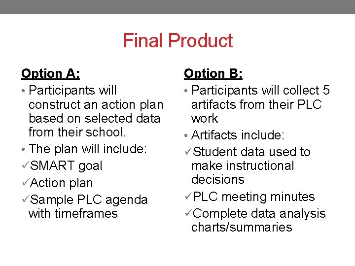 Final Product Option A: • Participants will construct an action plan based on selected