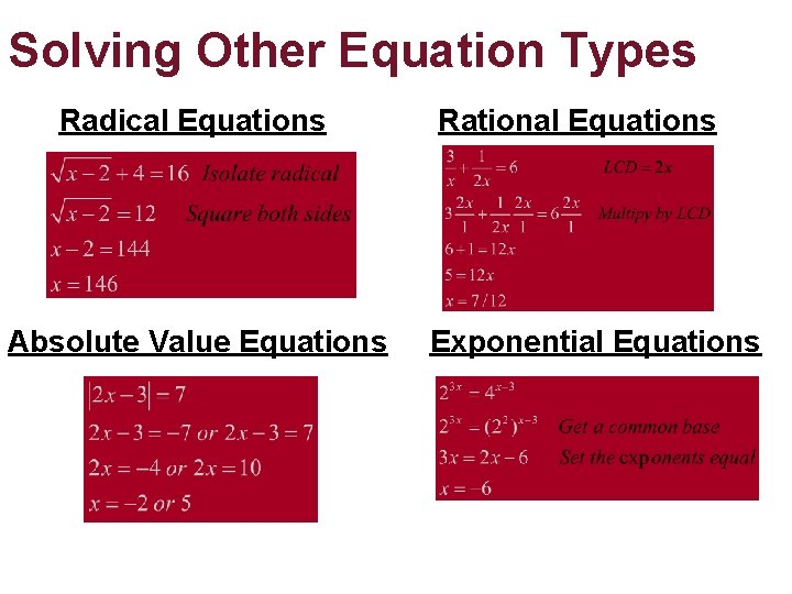 Solving Other Equation Types Radical Equations Rational Equations Absolute Value Equations Exponential Equations Solving Other Equation Types Radical Equations Rational Equations Absolute Value Equations Exponential Equations
