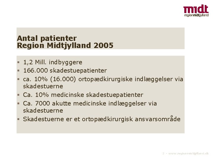 Antal patienter Region Midtjylland 2005 1, 2 Mill. indbyggere 166. 000 skadestuepatienter ca. 10%