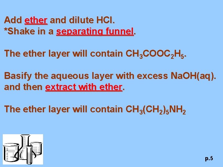 Add ether and dilute HCl. *Shake in a separating funnel. The ether layer will