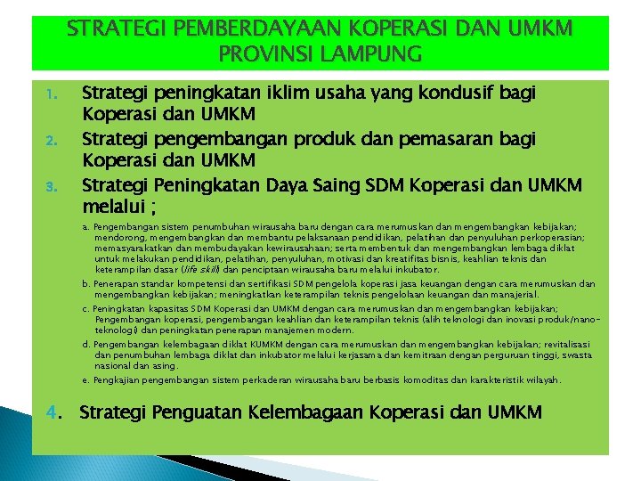 STRATEGI PEMBERDAYAAN KOPERASI DAN UMKM PROVINSI LAMPUNG 1. 2. 3. Strategi peningkatan iklim usaha STRATEGI PEMBERDAYAAN KOPERASI DAN UMKM PROVINSI LAMPUNG 1. 2. 3. Strategi peningkatan iklim usaha