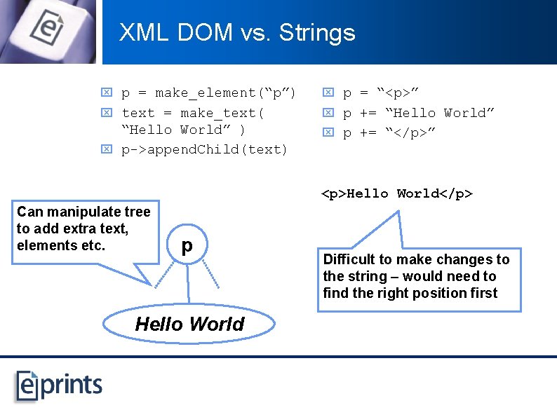 XML DOM vs. Strings x p = make_element(“p”) x p = “<p>” x text