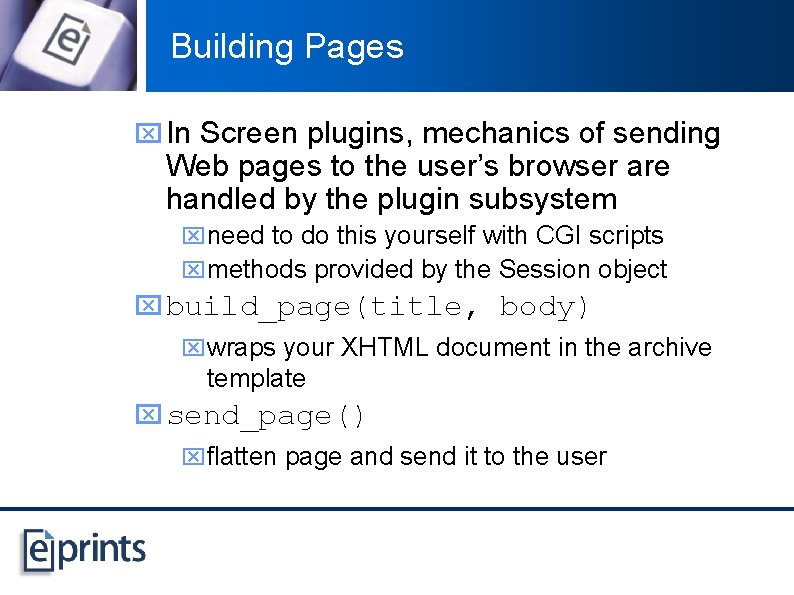 Building Pages x In Screen plugins, mechanics of sending Web pages to the user’s
