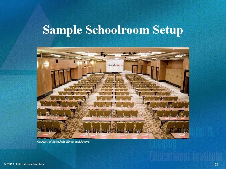 Sample Schoolroom Setup Courtesy of Swissôtels Hotels and Resorts © 2011, Educational Institute 23