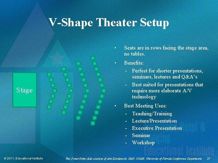 V-Shape Theater Setup • Seats are in rows facing the stage area, no tables.