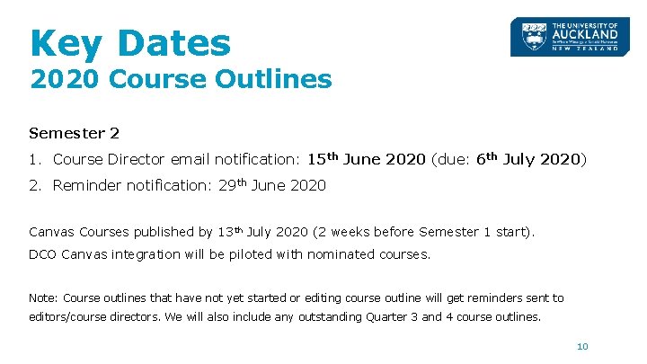 Key Dates 2020 Course Outlines Semester 2 1. Course Director email notification: 15 th Key Dates 2020 Course Outlines Semester 2 1. Course Director email notification: 15 th
