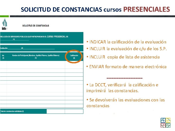 SOLICITUD DE CONSTANCIAS cursos PRESENCIALES • INDICAR la calificación de la evaluación • INCLUIR