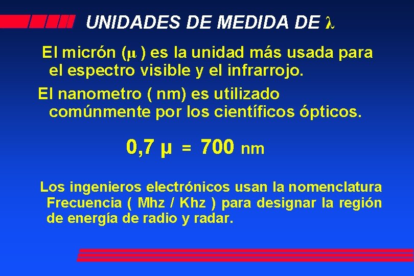 UNIDADES DE MEDIDA DE λ El micrón (μ ) es la unidad más usada UNIDADES DE MEDIDA DE λ El micrón (μ ) es la unidad más usada