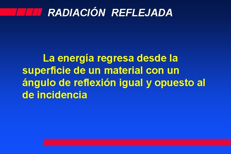RADIACIÓN REFLEJADA La energía regresa desde la superficie de un material con un ángulo RADIACIÓN REFLEJADA La energía regresa desde la superficie de un material con un ángulo