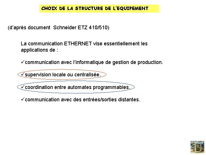 CHOIX DE LA STRUCTURE DE L’EQUIPEMENT (d’après document Schneider ETZ 410/510) La communication ETHERNET