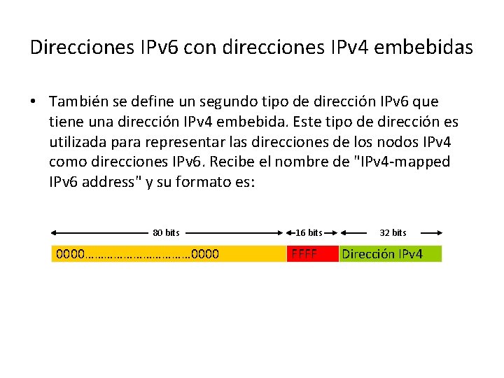 Direcciones IPv 6 con direcciones IPv 4 embebidas • También se define un segundo