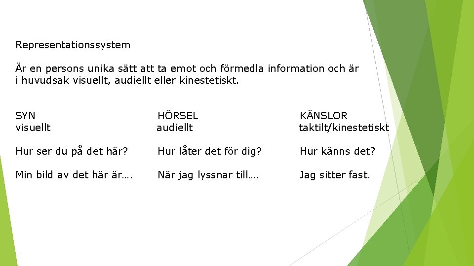 Representationssystem Är en persons unika sätt att ta emot och förmedla information och är
