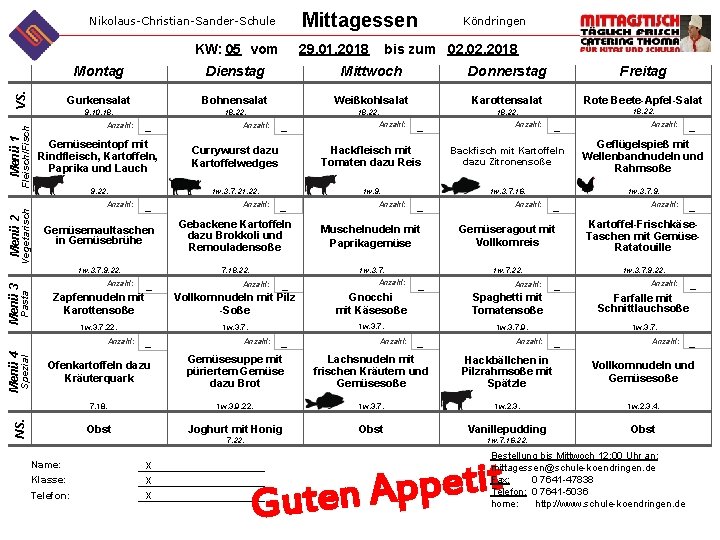 Mittagessen Nikolaus-Christian-Sander-Schule Pasta Menü 3 Menü 2 Vegetarisch Menü 1 Fleisch/Fisch VS. KW: 05