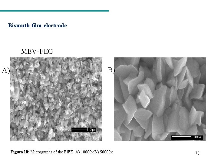 Bismuth film electrode MEV-FEG A) B) Figura 10: Micrographs of the Bi. FE A)