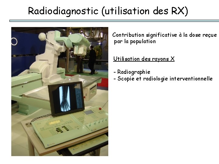 Radiodiagnostic (utilisation des RX) Contribution significative à la dose reçue par la population Utilisation