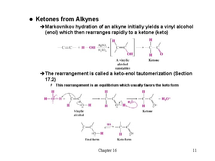 l Ketones from Alkynes èMarkovnikov hydration of an alkyne initially yields a vinyl alcohol