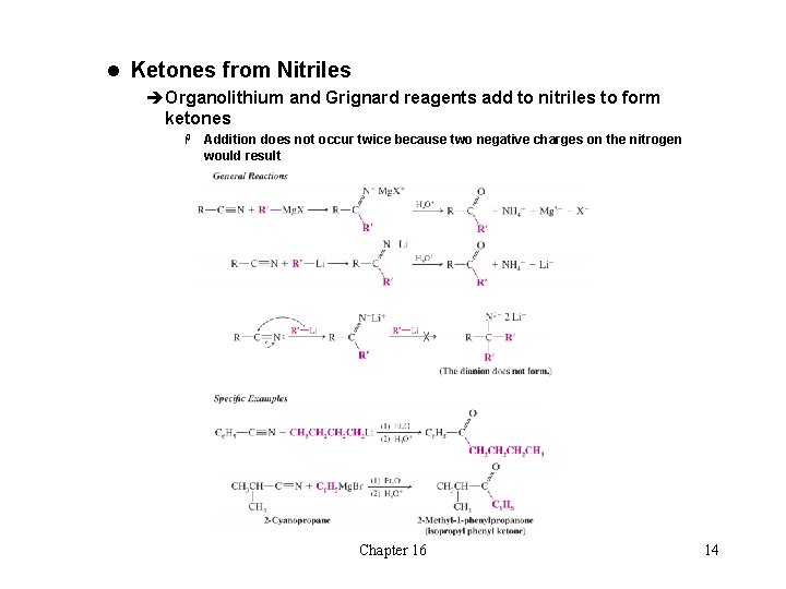 l Ketones from Nitriles èOrganolithium and Grignard reagents add to nitriles to form ketones