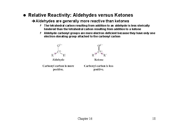 l Relative Reactivity: Aldehydes versus Ketones èAldehydes are generally more reactive than ketones The
