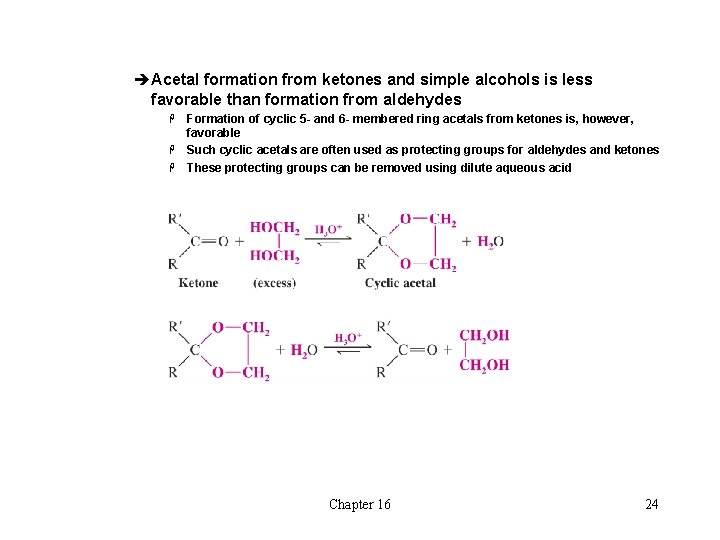 èAcetal formation from ketones and simple alcohols is less favorable than formation from aldehydes