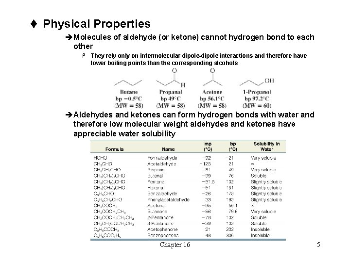 t Physical Properties èMolecules of aldehyde (or ketone) cannot hydrogen bond to each other