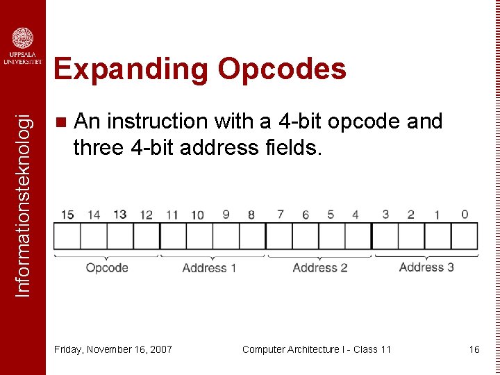 Informationsteknologi Expanding Opcodes n An instruction with a 4 -bit opcode and three 4