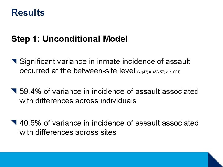 Results Step 1: Unconditional Model Significant variance in inmate incidence of assault occurred at Results Step 1: Unconditional Model Significant variance in inmate incidence of assault occurred at