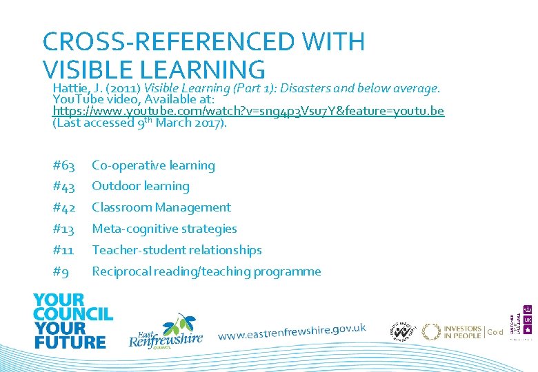 CROSS-REFERENCED WITH VISIBLE LEARNING Hattie, J. (2011) Visible Learning (Part 1): Disasters and below