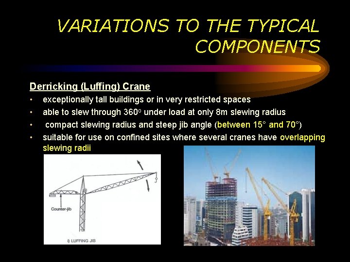 VARIATIONS TO THE TYPICAL COMPONENTS Derricking (Luffing) Crane • • exceptionally tall buildings or