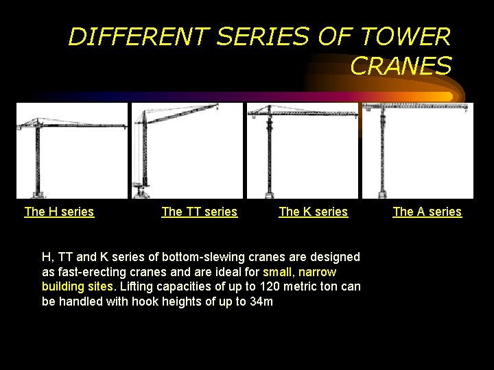 DIFFERENT SERIES OF TOWER CRANES The H series The TT series The K series