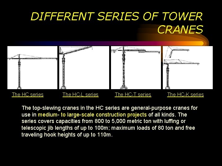 DIFFERENT SERIES OF TOWER CRANES The HC series The HC-L series The HC-T series