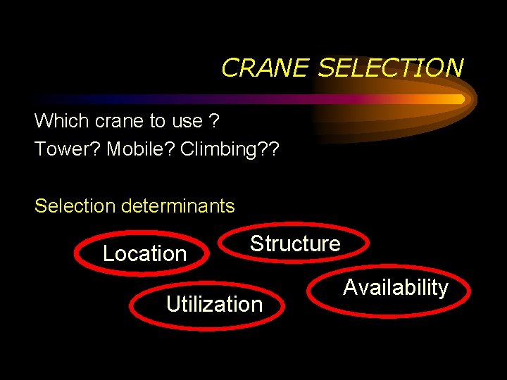 CRANE SELECTION Which crane to use ? Tower? Mobile? Climbing? ? Selection determinants Location