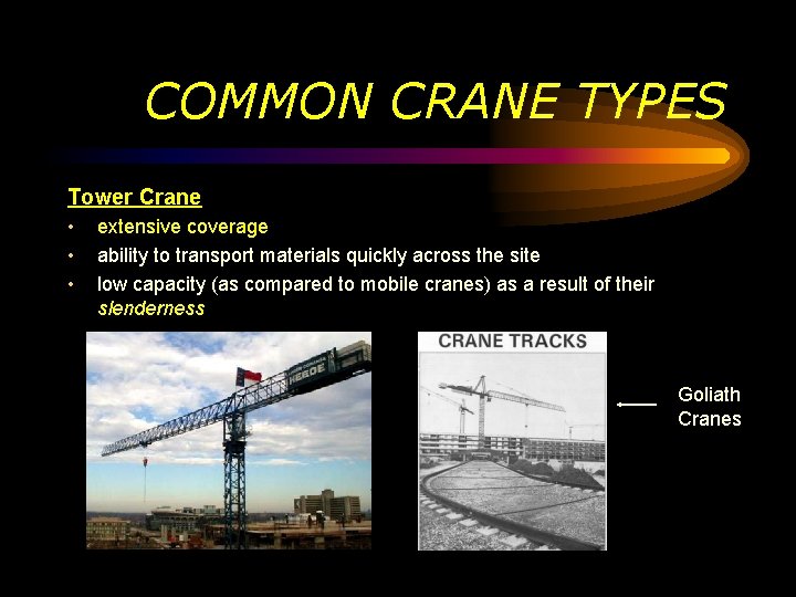 COMMON CRANE TYPES Tower Crane • • • extensive coverage ability to transport materials