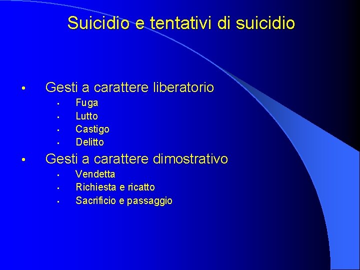 Suicidio e tentativi di suicidio • Gesti a carattere liberatorio • • • Fuga