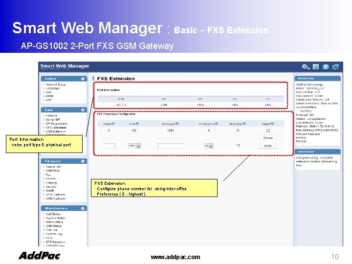 Smart Web Manager : Basic – FXS Extension AP-GS 1002 2 -Port FXS GSM