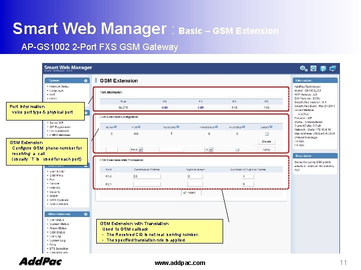 Smart Web Manager : Basic – GSM Extension AP-GS 1002 2 -Port FXS GSM