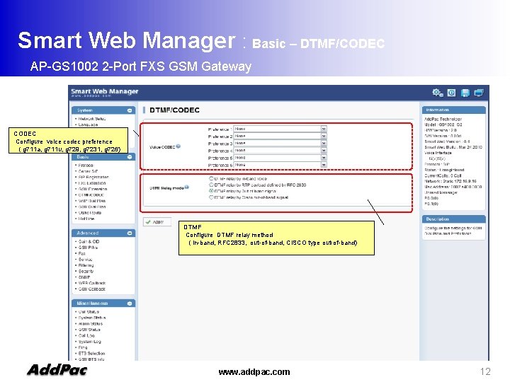 Smart Web Manager : Basic – DTMF/CODEC AP-GS 1002 2 -Port FXS GSM Gateway