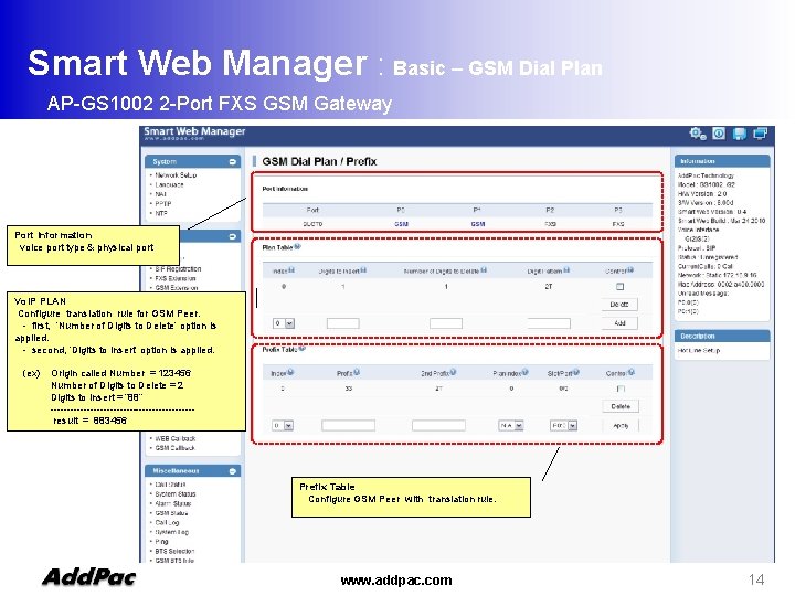 Smart Web Manager : Basic – GSM Dial Plan AP-GS 1002 2 -Port FXS