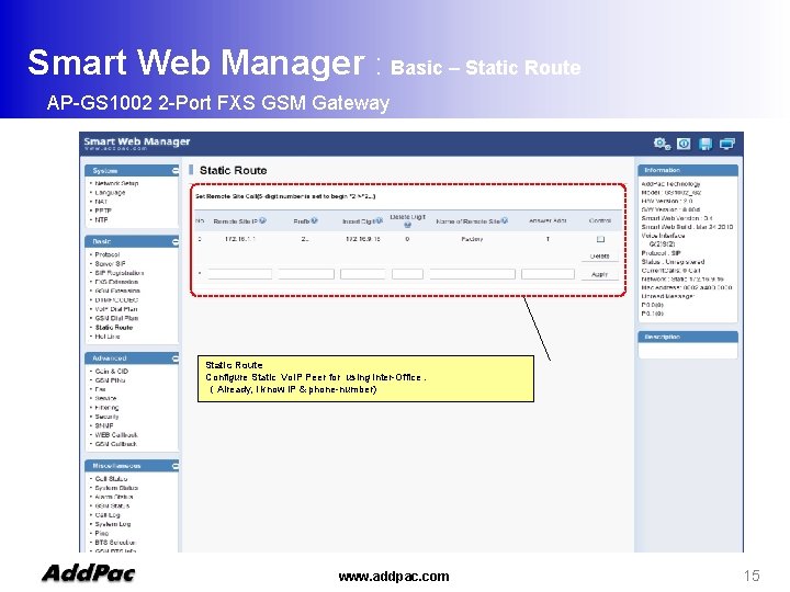 Smart Web Manager : Basic – Static Route AP-GS 1002 2 -Port FXS GSM