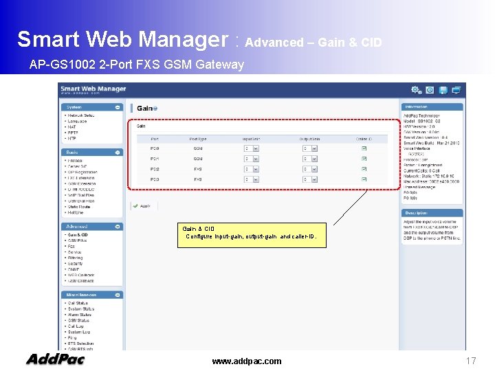 Smart Web Manager : Advanced – Gain & CID AP-GS 1002 2 -Port FXS
