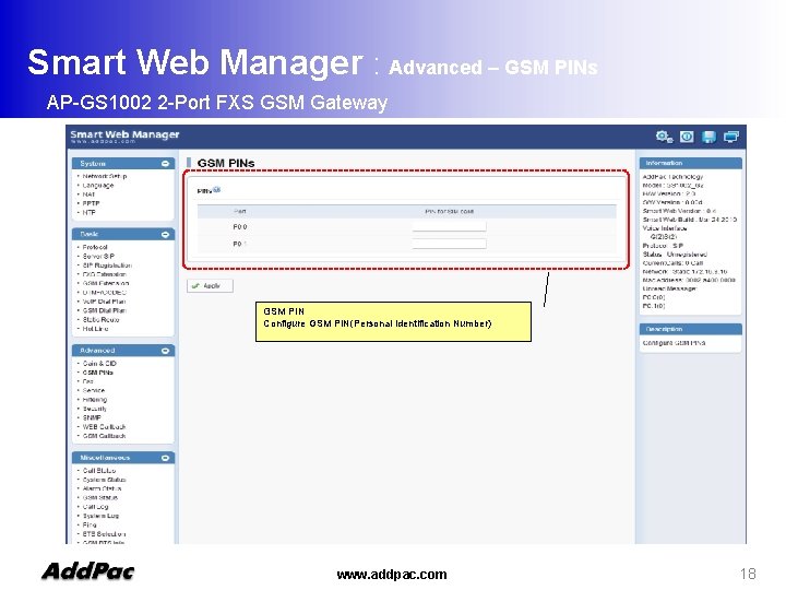 Smart Web Manager : Advanced – GSM PINs AP-GS 1002 2 -Port FXS GSM