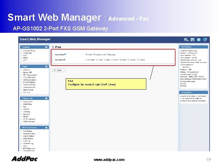 Smart Web Manager : Advanced - Fax AP-GS 1002 2 -Port FXS GSM Gateway