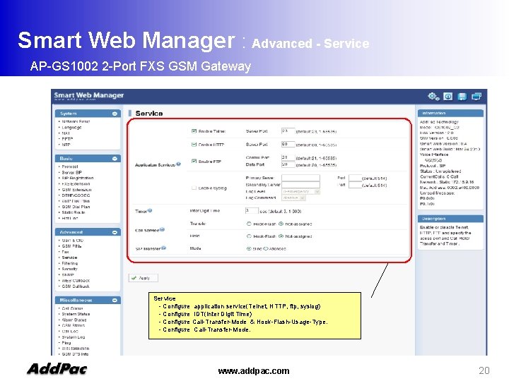 Smart Web Manager : Advanced - Service AP-GS 1002 2 -Port FXS GSM Gateway