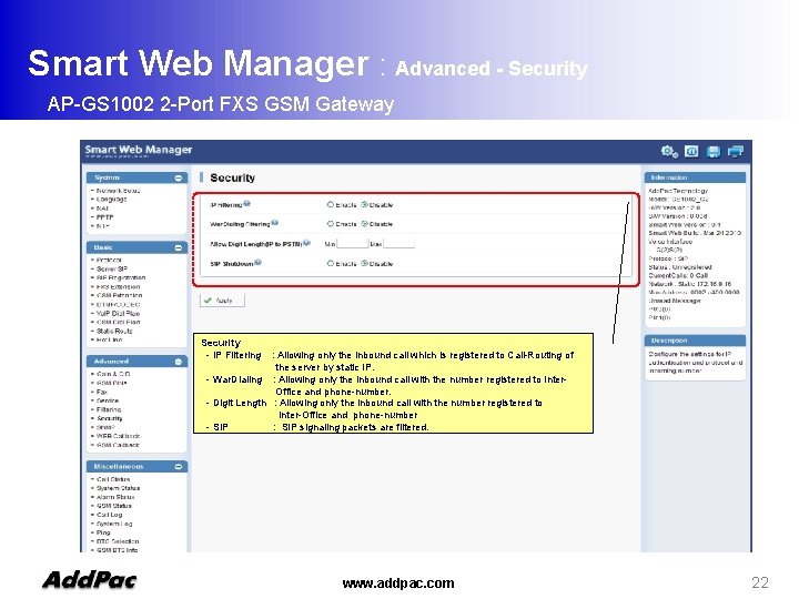 Smart Web Manager : Advanced - Security AP-GS 1002 2 -Port FXS GSM Gateway