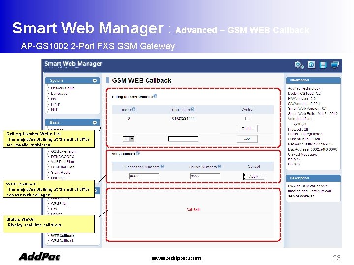 Smart Web Manager : Advanced – GSM WEB Callback AP-GS 1002 2 -Port FXS