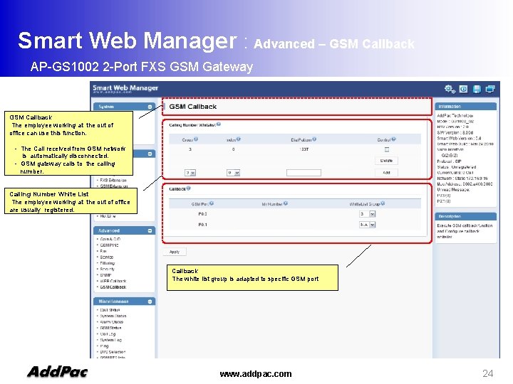 Smart Web Manager : Advanced – GSM Callback AP-GS 1002 2 -Port FXS GSM