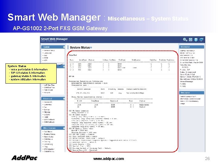 Smart Web Manager : Miscellaneous – System Status AP-GS 1002 2 -Port FXS GSM